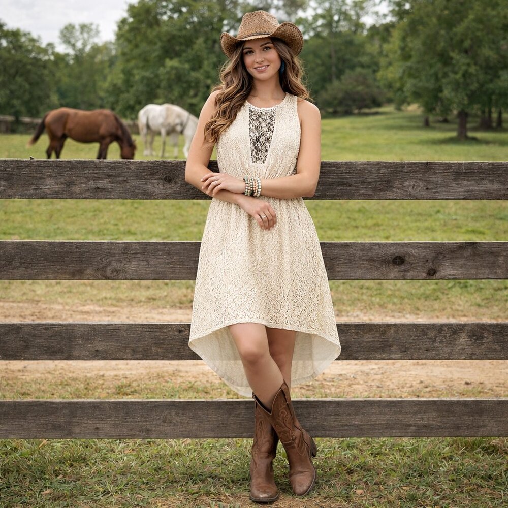 MAURICES Cream Lace High Low Dress Boho Sleeveless Beaded Size 0 XS Ivory Festiv